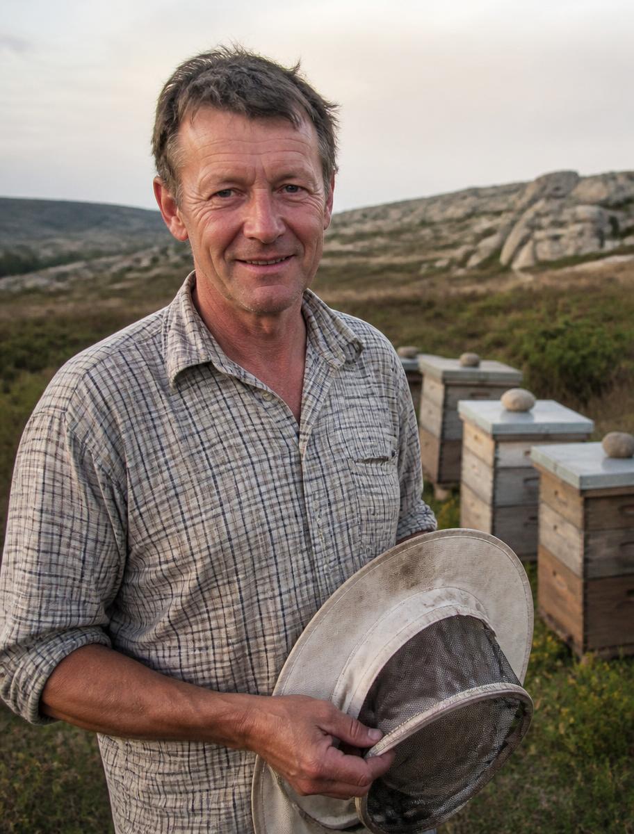 Portrait d'un apiculteur britannique de 50 ans devant ses ruches, chapeau à la main