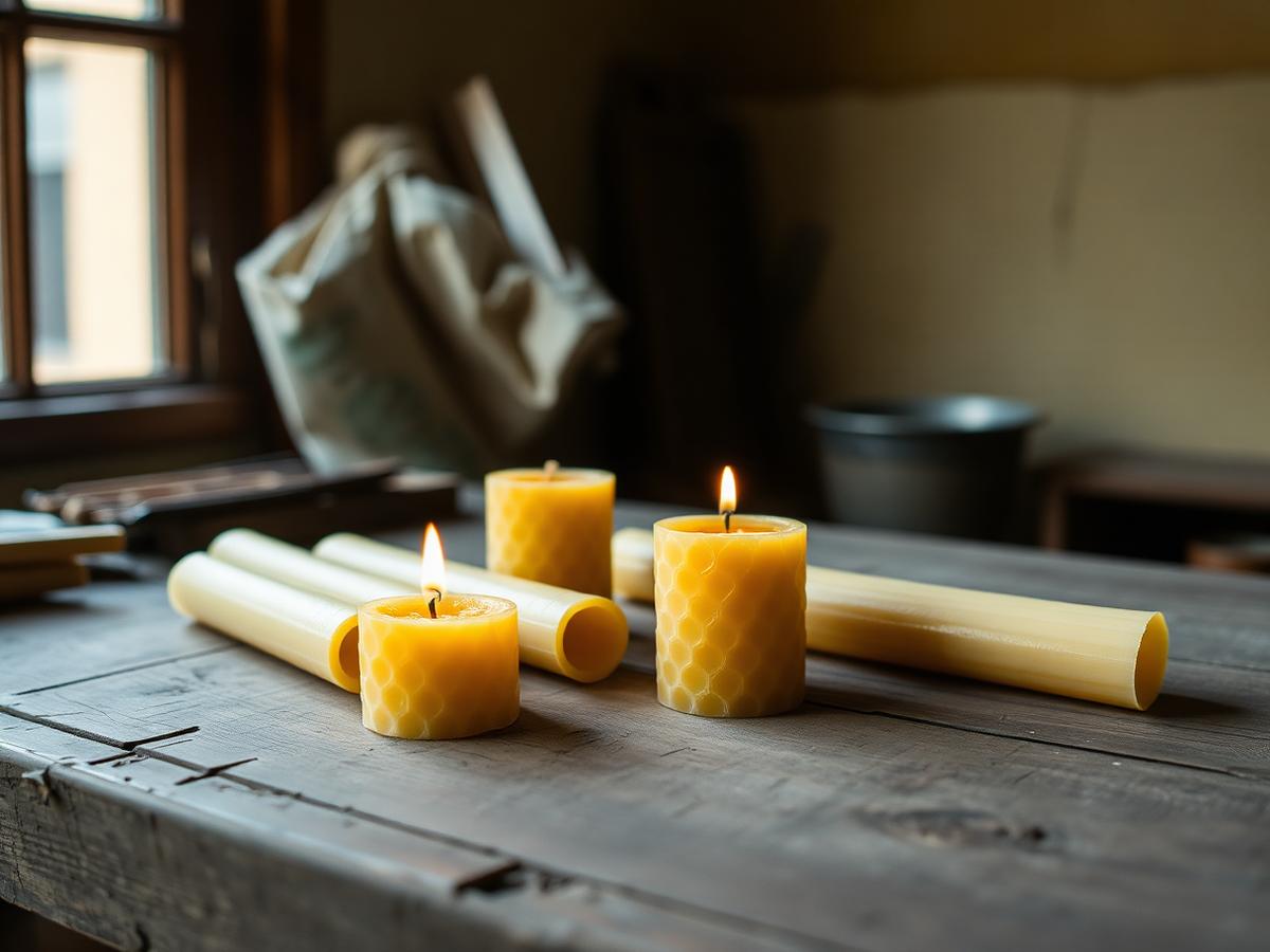 Bougies en cire d'abeille, roulées et coulées, dont certaines allumées