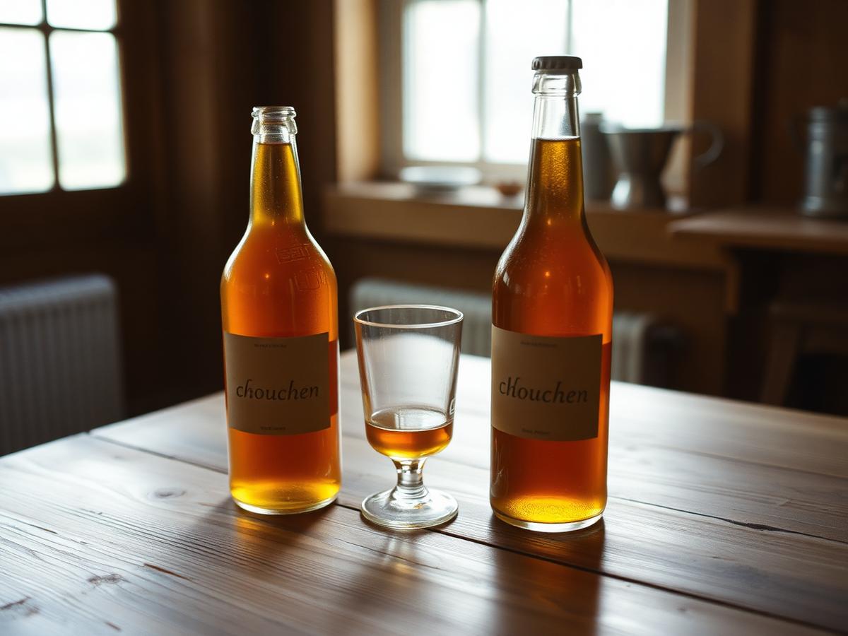 Bouteilles de chouchen et un verre d'hydromel ambré sur une table en chêne