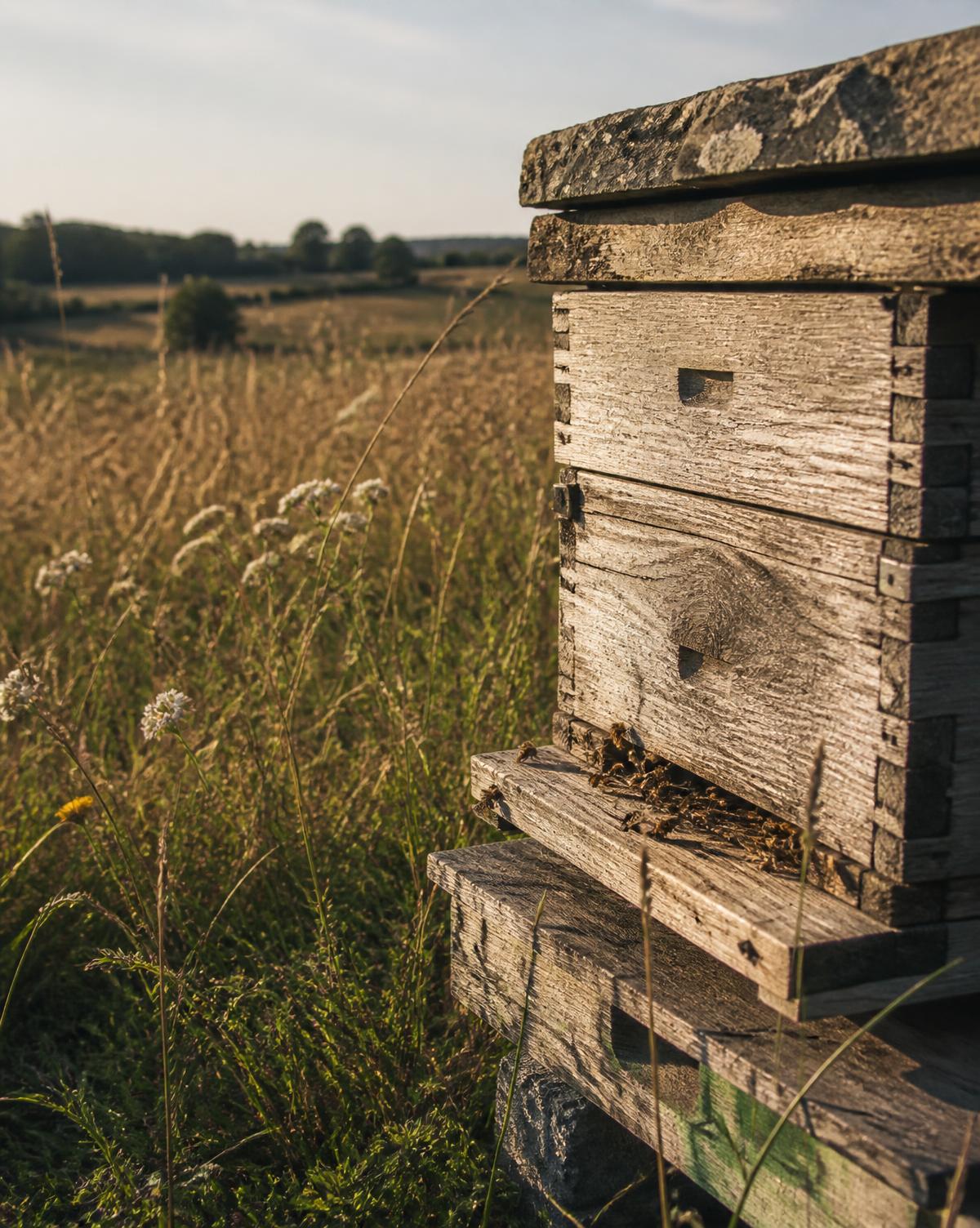 Ruche en bois vieillie, posée dans un pré du Centre Bretagne, avec des abeilles à l'entrée