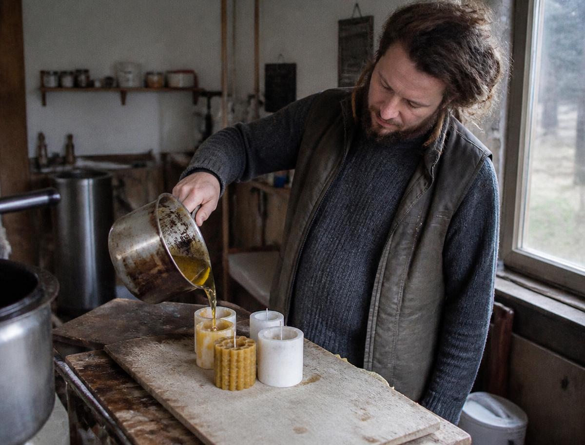 Cire d'abeille fondue versée à la louche dans des moules à bougies